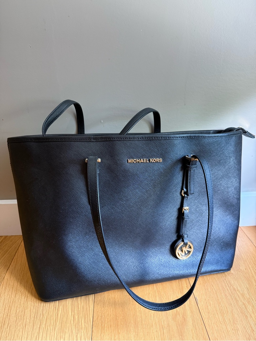 Michael Kors Black Saffiano Tote with Gold Logo Charm